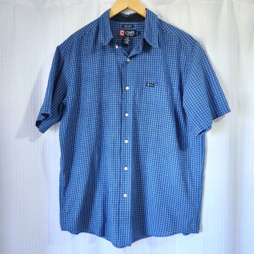 Chaps Shirt Men's Large Short Sleeve Button Up Blue Windowpane Easy Care